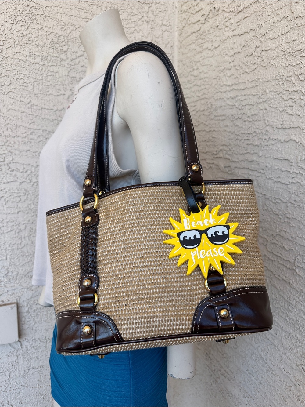 Giani Bernini Straw Tote with Dark Brown Trim and Gold Accents with Charm